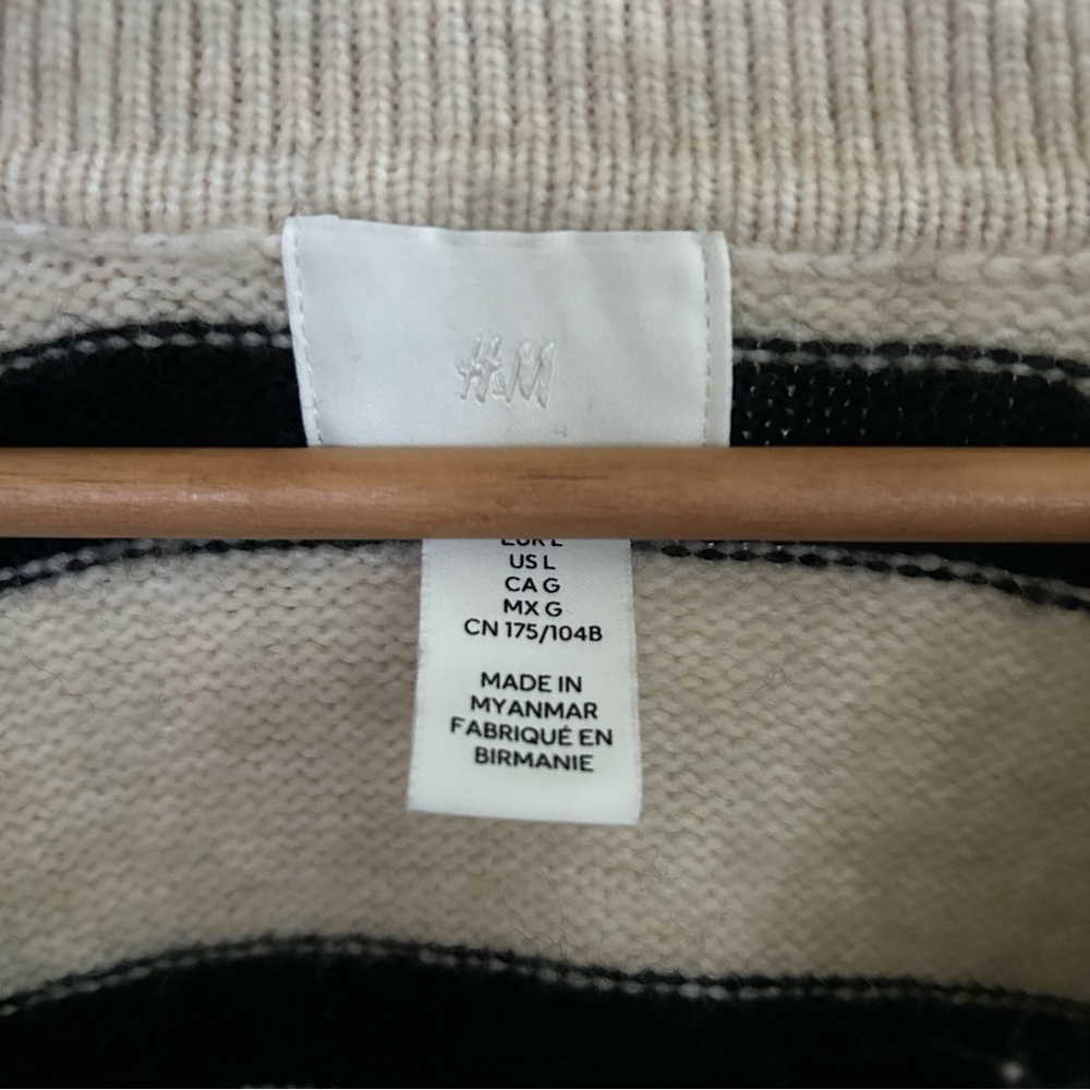 Beige and Black Striped Collared V-Neck Women's Sweater - Picture 4 of 4